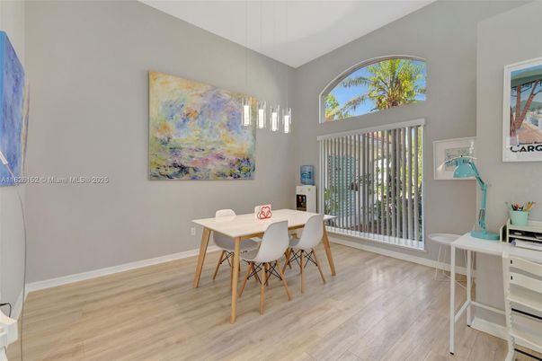 Dining room, Interior, Pendant Lights, Wood Texture Flooring