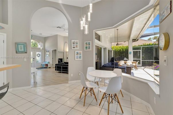 Dining room, Interior, Living room, Pendant Lights, Recessed Lighting, Wood Texture Flooring