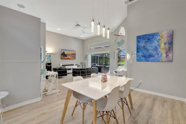 Dining room, Interior, Living room, Pendant Lights, Recessed Lighting, Wood Texture Flooring