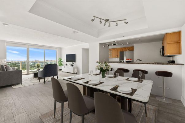 Dining room, Interior, Kitchen, Living room, Recessed Lighting, Stainless Steel Appliances, Wood Texture Flooring