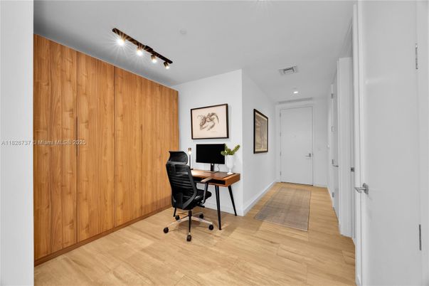 Home Office, Interior, Recessed Lighting, Wood Texture Flooring, Wooden Walls