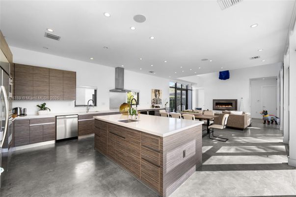 Dining room, Fireplace, Interior, Kitchen, Living room, Recessed Lighting, Stainless Steel Appliances