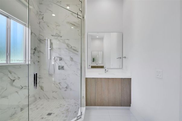 Bathroom, Glass Shower, Interior, Marble Walls, Recessed Lighting
