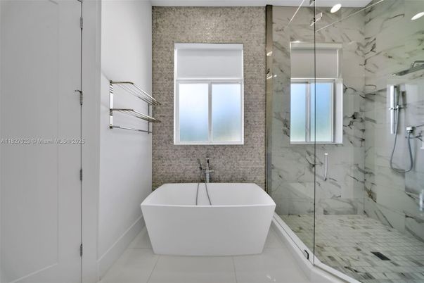 Bathroom, Free Standing Baths, Glass Shower, Interior, Marble Walls
