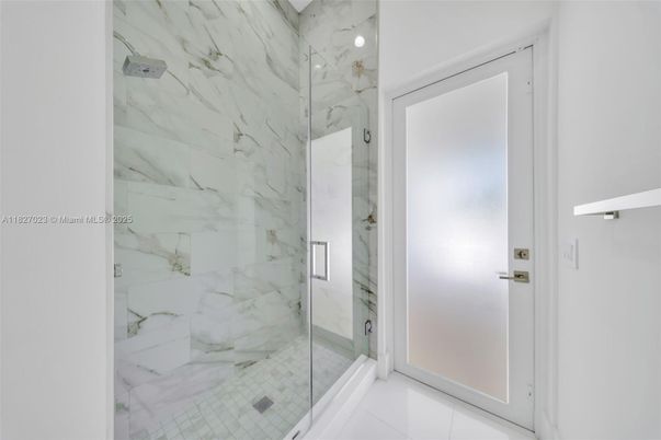 Bathroom, Glass Shower, Interior, Marble Walls, Recessed Lighting
