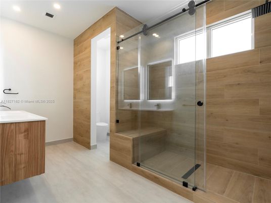 Bathroom, Glass Shower, Interior, Recessed Lighting, Wooden Walls