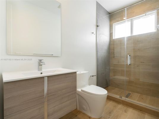 Bathroom, Glass Shower, Interior, Wood Texture Flooring