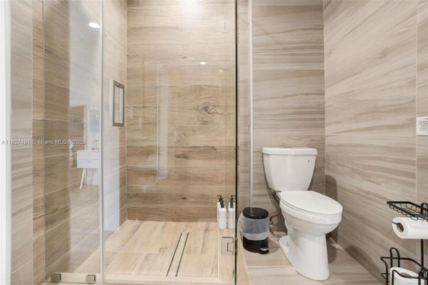 Bathroom, Glass Shower, Interior, Wood Texture Flooring