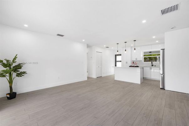 Interior, Kitchen, Pendant Lights, Recessed Lighting, Wood Texture Flooring