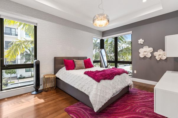 Bedroom, Interior, Pendant Lights, Recessed Lighting, Wood Texture Flooring