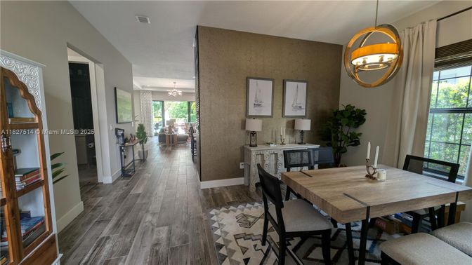 Dining room, Interior, Pendant Lights, Wood Texture Flooring