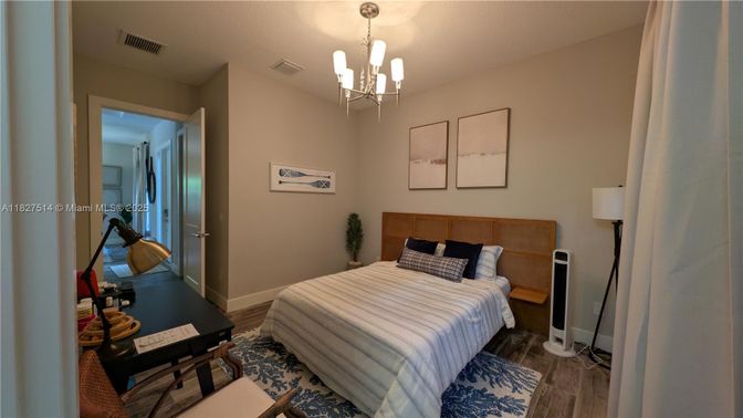 Bedroom, Chandelier, Interior, Wood Texture Flooring