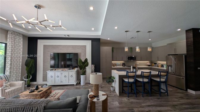 Interior, Kitchen, Living room, Pendant Lights, Recessed Lighting, Stainless Steel Appliances, Wood Texture Flooring