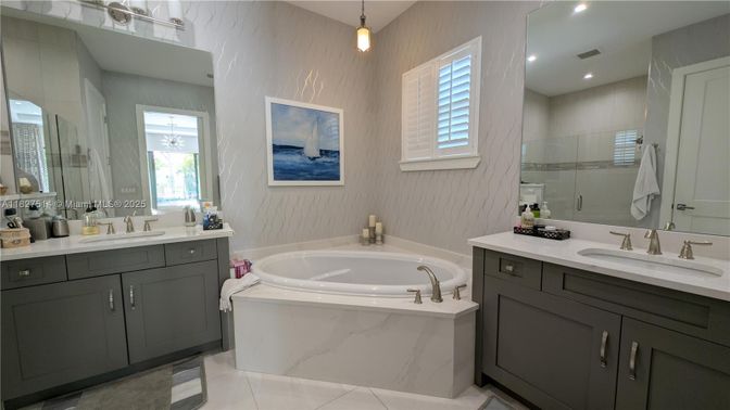 Bathroom, Dual Sink Vanities, Interior, Marble, Pendant Lights, Recessed Lighting