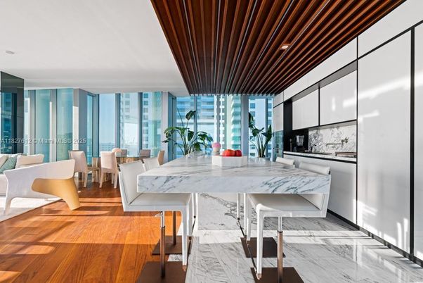 Dining room, Interior, Marble, Recessed Lighting, Water, Wood Texture Flooring