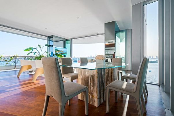 Dining room, Interior, Recessed Lighting, Water, Wood Texture Flooring