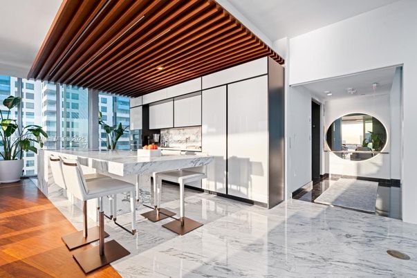 Interior, Kitchen, Marble, Recessed Lighting, Wood Texture Flooring