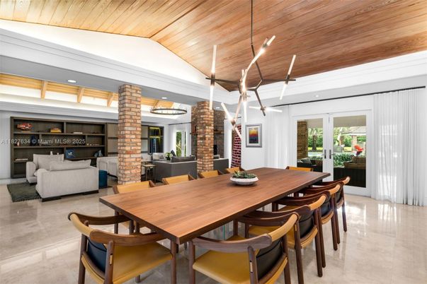 Dining room, Fireplace, Interior, Living room, Pendant Lights, Recessed Lighting, Wooden Ceilings