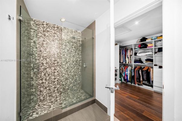 Bathroom, Glass Shower, Interior, Recessed Lighting, Walk-in Closets, Wood Texture Flooring