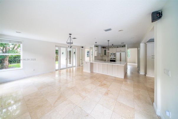 Empty room, Interior, Kitchen, Pendant Lights, Recessed Lighting, Stainless Steel Appliances