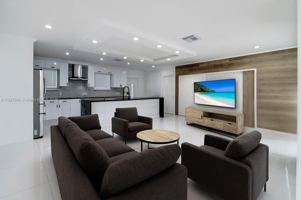Interior, Kitchen, Living room, Recessed Lighting, Stainless Steel Appliances, Wooden Walls