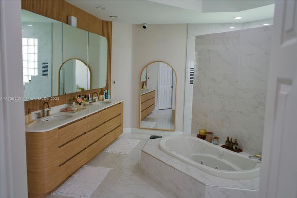 Bathroom, Dual Sink Vanities, Interior, Marble, Marble Walls, Recessed Lighting