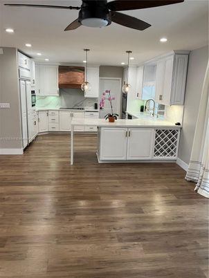 Interior, Kitchen, Pendant Lights, Recessed Lighting, Wood Texture Flooring