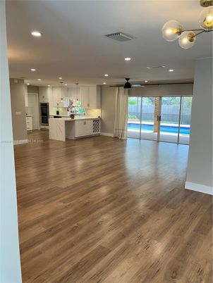 Empty room, Interior, Kitchen, Pendant Lights, Recessed Lighting, Wood Texture Flooring