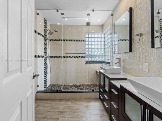 Bathroom, Glass Shower, Interior, Recessed Lighting, Wood Texture Flooring