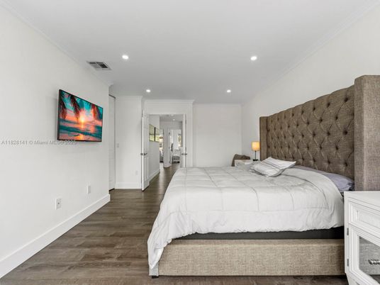 Bedroom, Interior, Recessed Lighting, Wood Texture Flooring
