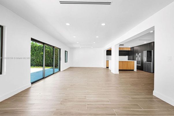 Empty room, Interior, Kitchen, Recessed Lighting, Wood Texture Flooring
