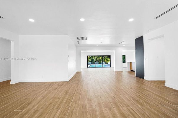 Empty room, Fireplace, Interior, Recessed Lighting, Wood Texture Flooring