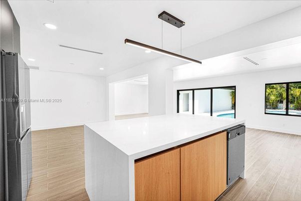 Interior, Kitchen, Pendant Lights, Recessed Lighting, Wood Texture Flooring