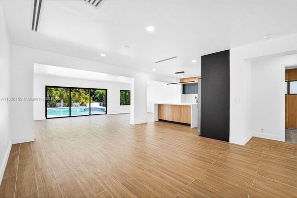 Empty room, Interior, Kitchen, Recessed Lighting, Wood Texture Flooring