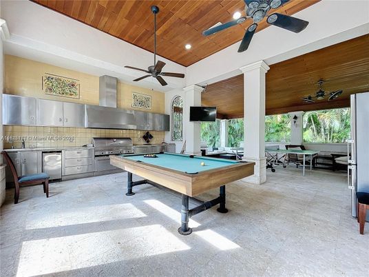 Billiard Table, Game Room, Interior, Recessed Lighting, Stainless Steel Appliances, Wooden Ceilings