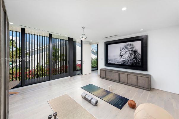 Interior, Pendant Lights, Projection Screen, Recessed Lighting, Wood Texture Flooring