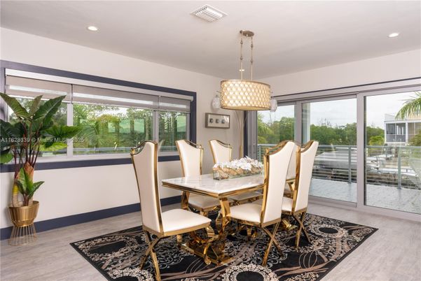 Dining room, Interior, Pendant Lights, Recessed Lighting, Wood Texture Flooring