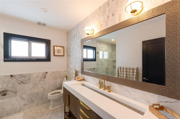 Bathroom, Glass Shower, Interior, Marble Walls, Recessed Lighting