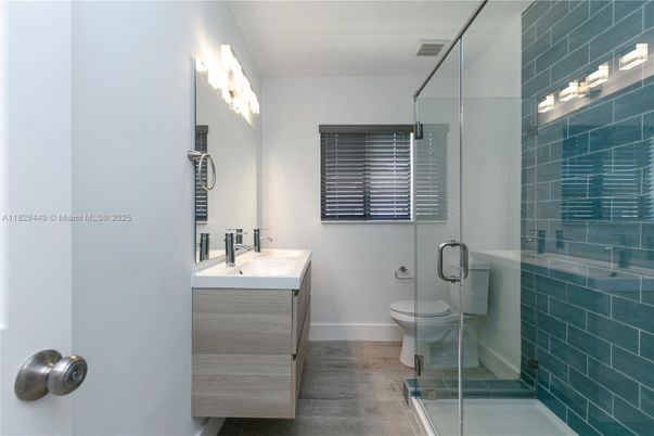 Bathroom, Glass Shower, Interior, Wood Texture Flooring