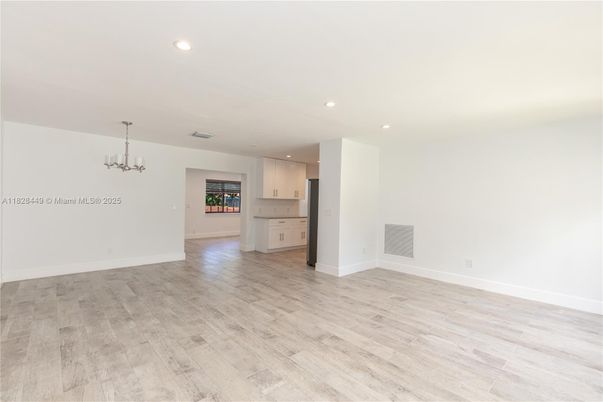 Chandelier, Empty room, Interior, Kitchen, Recessed Lighting, Wood Texture Flooring