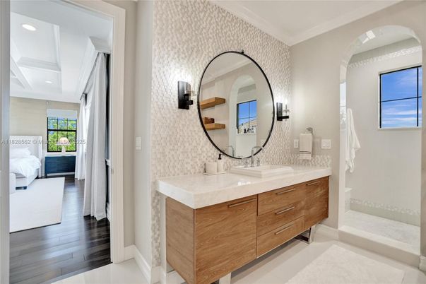 Bathroom, Bedroom, Dual Sink Vanities, Interior, Recessed Lighting, Wood Texture Flooring