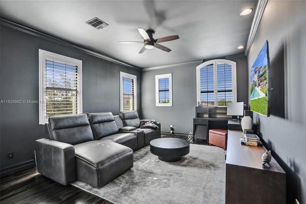 Home Theatre Room, Interior, Living room, Recessed Lighting, Wood Texture Flooring
