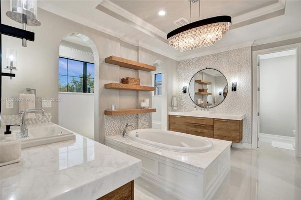 Bathroom, Chandelier, Dual Sink Vanities, Interior, Recessed Lighting