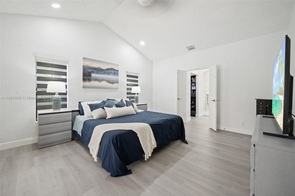 Bedroom, Interior, Recessed Lighting, Wood Texture Flooring