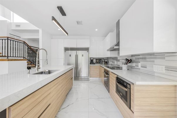 Interior, Kitchen, Marble, Pendant Lights, Recessed Lighting, Stainless Steel Appliances