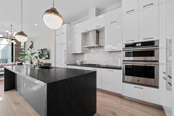Interior, Kitchen, Pendant Lights, Stainless Steel Appliances, Wood Texture Flooring