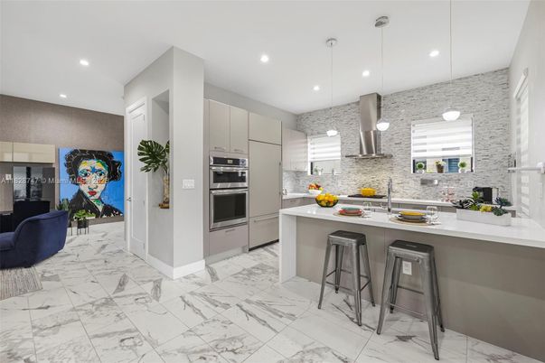 Interior, Kitchen, Marble, Pendant Lights, Recessed Lighting, Stainless Steel Appliances, Stone Walls