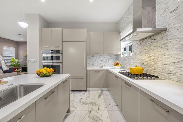 Interior, Kitchen, Marble, Pendant Lights, Recessed Lighting, Stainless Steel Appliances