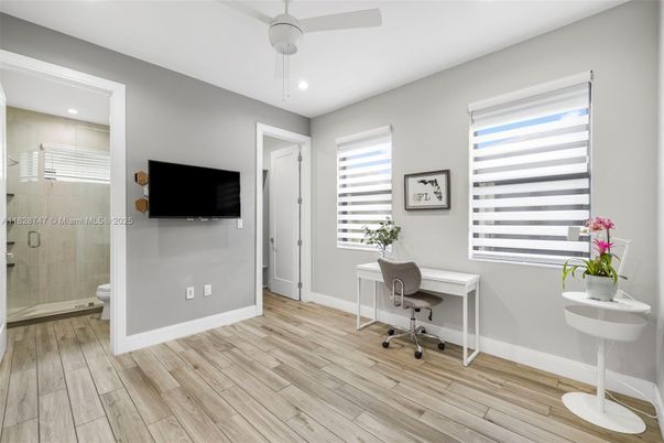 Bathroom, Glass Shower, Home Office, Interior, Recessed Lighting, Wood Texture Flooring