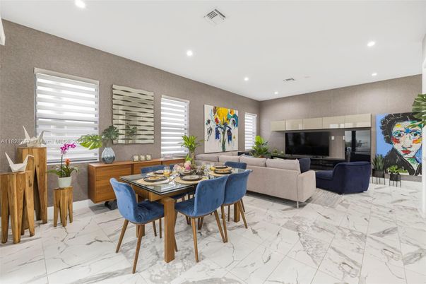Dining room, Interior, Living room, Marble, Recessed Lighting
